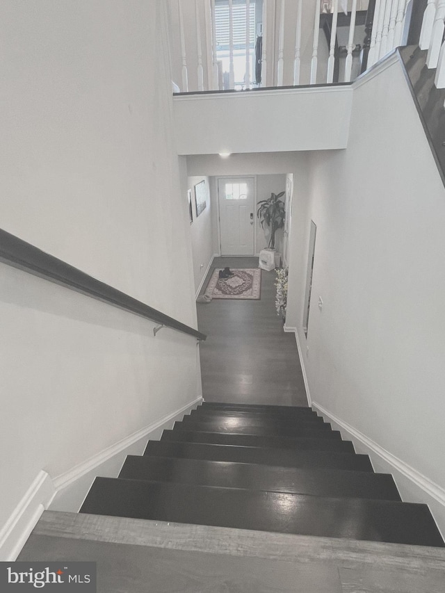5740 Stone School Ln, Frederick, MD 21704 - staircase featuring wood finished floors, a towering ceiling, and baseboards