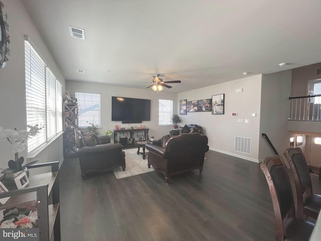5740 Stone School Ln, Frederick, MD 21704 - living room featuring visible vents, ceiling fan, baseboards, and dark wood finished floors