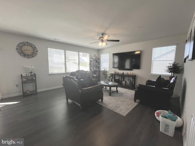 5740 Stone School Ln, Frederick, MD 21704 - living room featuring dark wood finished floors, visible vents, baseboards, and ceiling fan