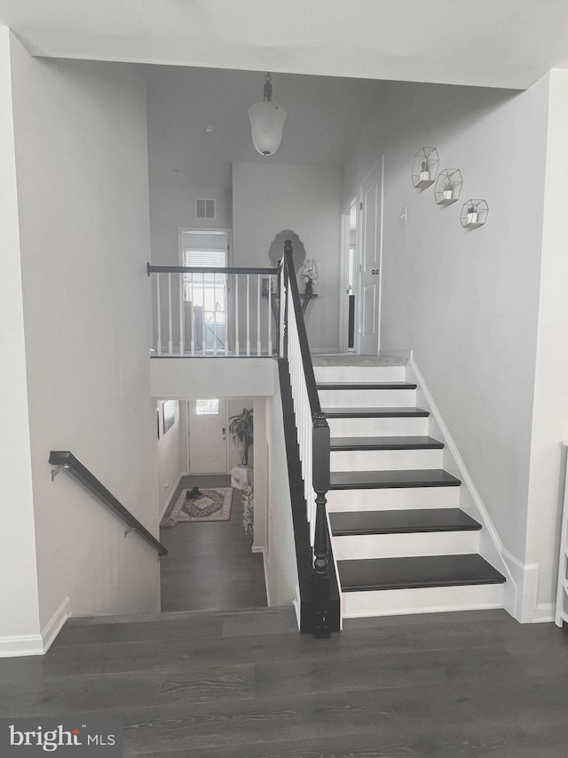 5740 Stone School Ln, Frederick, MD 21704 - stairway featuring visible vents, baseboards, and wood finished floors