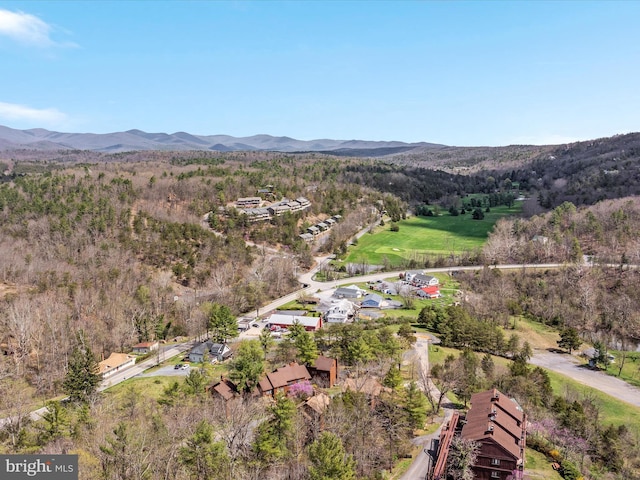 drone / aerial view with a wooded view and a mountain view