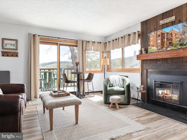 living area featuring wood finished floors and a fireplace with flush hearth