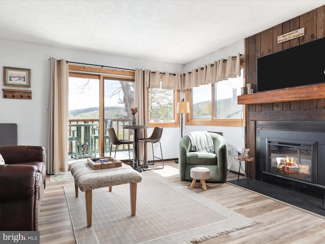living area featuring a large fireplace and wood finished floors