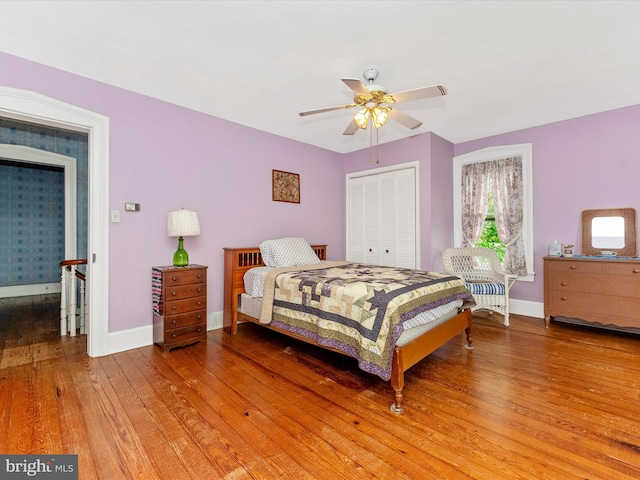 36 Fulton Ave, Walkersville, MD 21793 - bedroom featuring baseboards, light wood-style floors, a closet, and ceiling fan