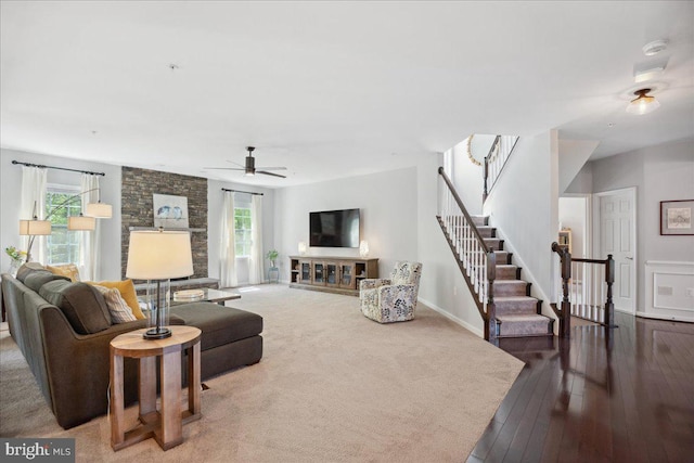 1230 Fairwood Dr, Huntingtown, MD 20639 - living room featuring stairs, a ceiling fan, baseboards, and a wealth of natural light