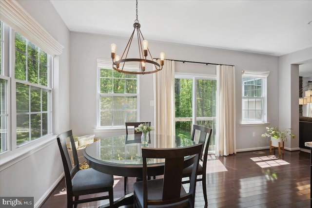 1230 Fairwood Dr, Huntingtown, MD 20639 - dining room featuring baseboards, plenty of natural light, dark wood-type flooring, and a chandelier