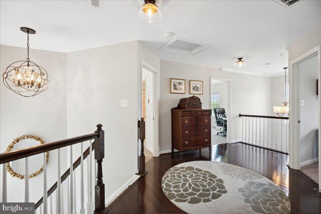 1230 Fairwood Dr, Huntingtown, MD 20639 - corridor with an inviting chandelier, baseboards, an upstairs landing, and hardwood / wood-style flooring