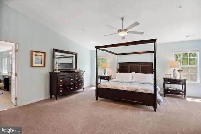 1230 Fairwood Dr, Huntingtown, MD 20639 - carpeted bedroom featuring baseboards, vaulted ceiling, ceiling fan, and visible vents