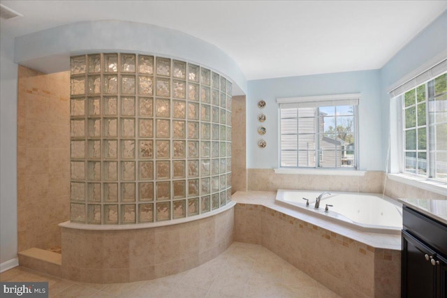 1230 Fairwood Dr, Huntingtown, MD 20639 - bathroom with tile patterned flooring, walk in shower, a bath, and visible vents