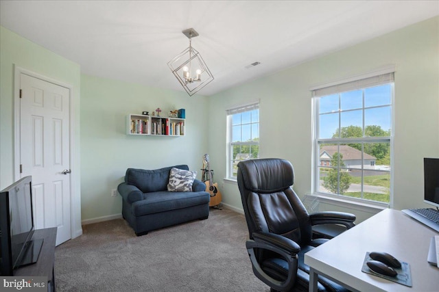 1230 Fairwood Dr, Huntingtown, MD 20639 - office area featuring baseboards, visible vents, carpet, and a chandelier