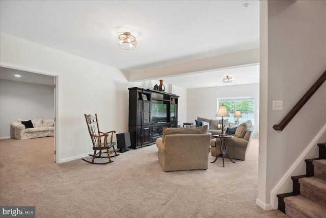 1230 Fairwood Dr, Huntingtown, MD 20639 - carpeted living room featuring stairway and baseboards