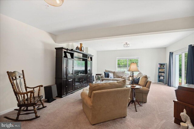 1230 Fairwood Dr, Huntingtown, MD 20639 - living area featuring light carpet and beamed ceiling