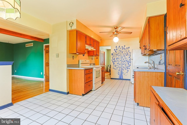 327 E Branch Rd, Sellersville, PA 18960 - kitchen with ceiling fan, under cabinet range hood, light tile patterned flooring, a sink, and white electric stove