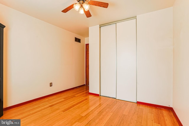 327 E Branch Rd, Sellersville, PA 18960 - unfurnished bedroom with a closet, baseboards, visible vents, ceiling fan, and light wood finished floors