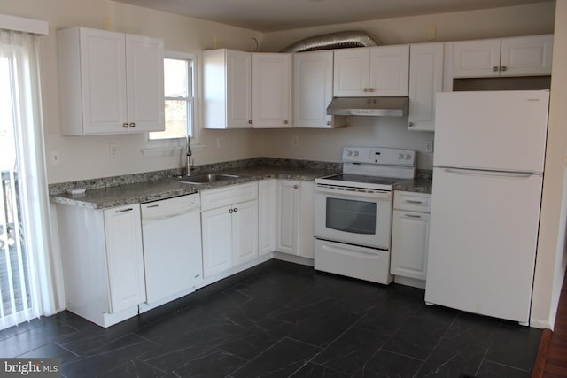 17 Rozina Ct, Owings Mills, MD 21117 - kitchen with a sink, white cabinetry, white appliances, and under cabinet range hood