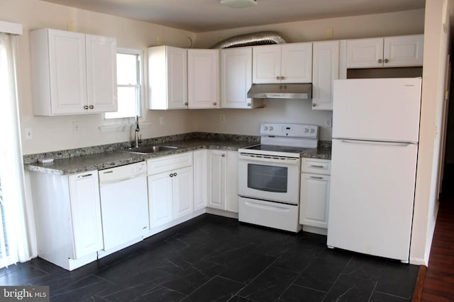 17 Rozina Ct, Owings Mills, MD 21117 - kitchen with a sink, white cabinets, white appliances, and under cabinet range hood