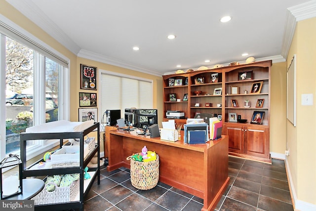 6704 Emporia Ct, Springfield, VA 22152 - office with ornamental molding, recessed lighting, baseboards, and dark tile patterned floors