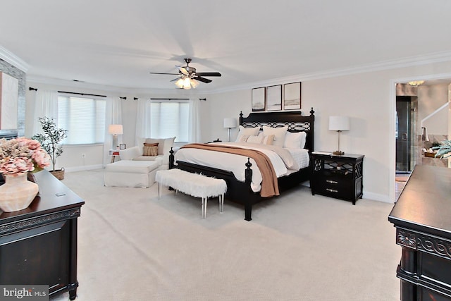 6704 Emporia Ct, Springfield, VA 22152 - bedroom with ornamental molding, baseboards, light colored carpet, and a ceiling fan