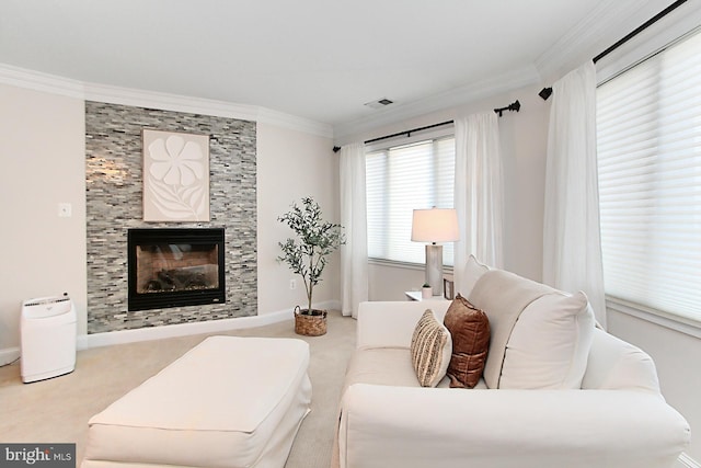6704 Emporia Ct, Springfield, VA 22152 - carpeted living room with ornamental molding, a fireplace, and baseboards