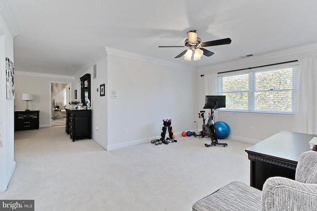 6704 Emporia Ct, Springfield, VA 22152 - workout room with carpet flooring, ornamental molding, baseboards, and a ceiling fan