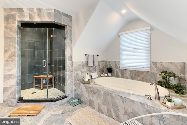 6704 Emporia Ct, Springfield, VA 22152 - full bath featuring a stall shower, a bath, and vaulted ceiling