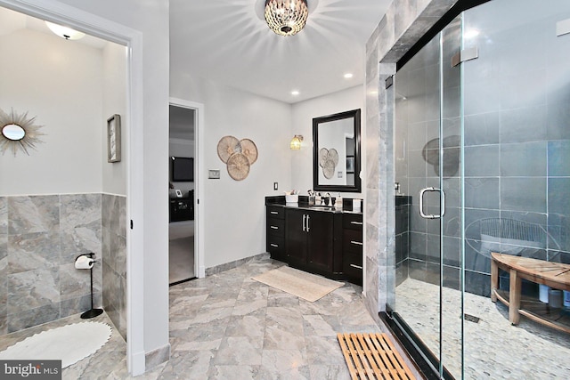 6704 Emporia Ct, Springfield, VA 22152 - full bath featuring a shower stall, vanity, marble tiled floors, and recessed lighting