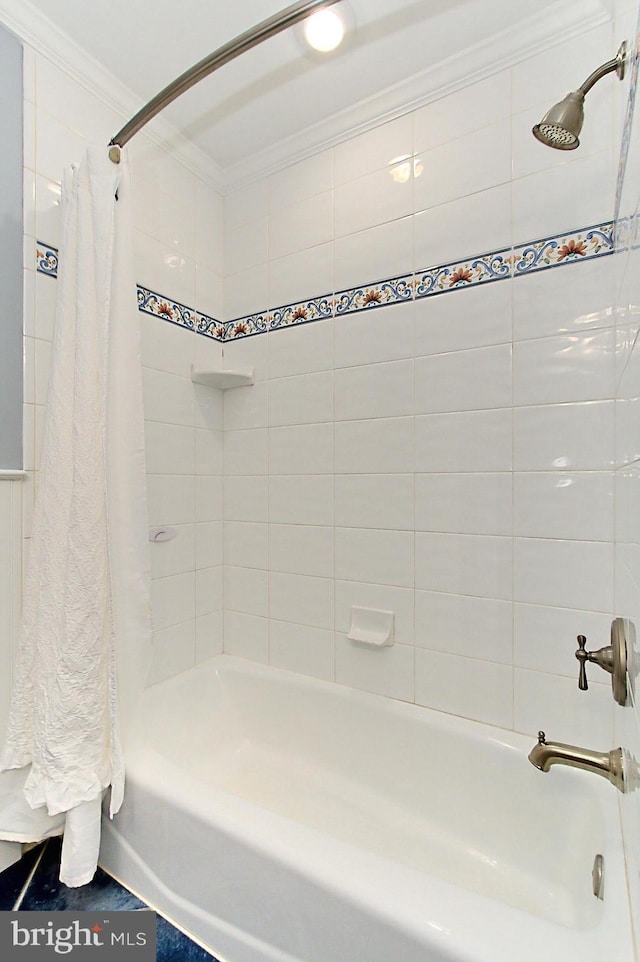 6704 Emporia Ct, Springfield, VA 22152 - bathroom with ornamental molding and shower / bath combo with shower curtain