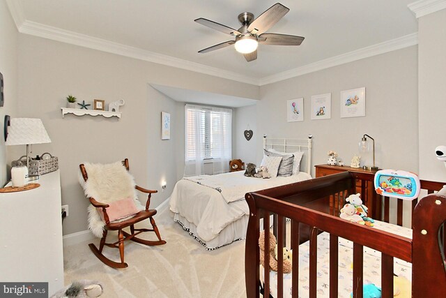 6704 Emporia Ct, Springfield, VA 22152 - bedroom with ornamental molding, baseboards, light colored carpet, and ceiling fan