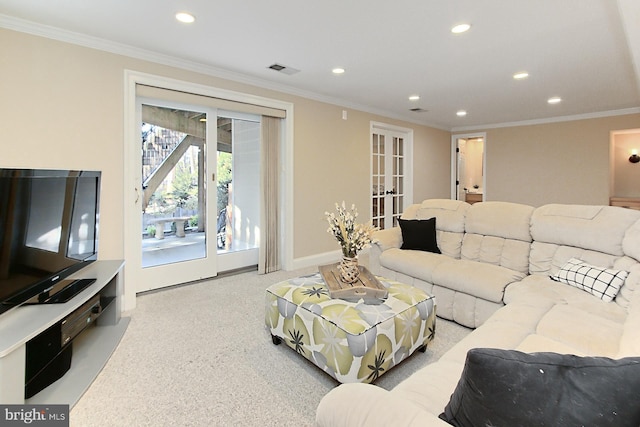 6704 Emporia Ct, Springfield, VA 22152 - living area with recessed lighting, ornamental molding, baseboards, french doors, and carpet flooring