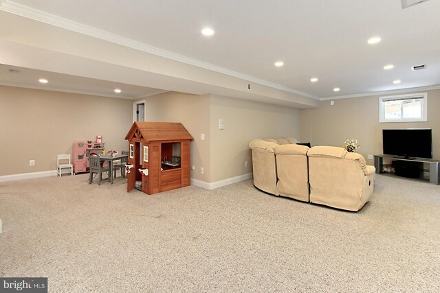6704 Emporia Ct, Springfield, VA 22152 - living room featuring crown molding, recessed lighting, baseboards, and carpet floors
