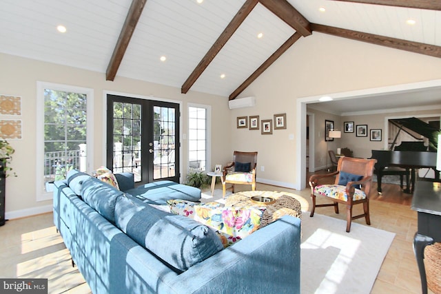 6704 Emporia Ct, Springfield, VA 22152 - living room featuring french doors, a wall mounted AC, beam ceiling, plenty of natural light, and recessed lighting