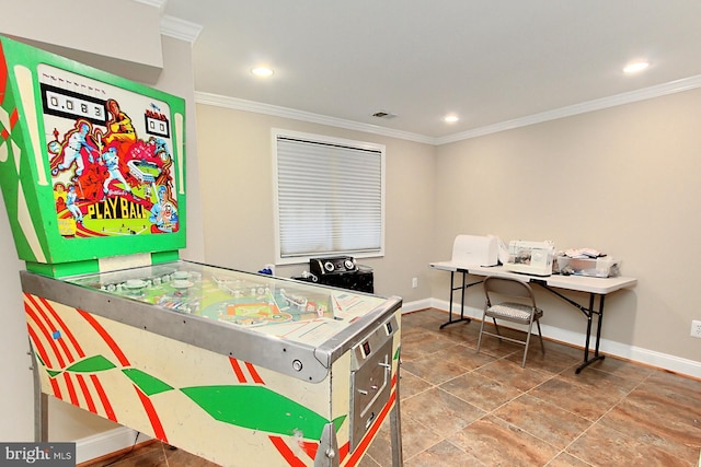 6704 Emporia Ct, Springfield, VA 22152 - recreation room with ornamental molding, baseboards, and recessed lighting