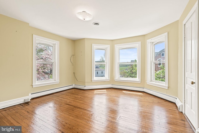 empty room with baseboards, visible vents, and wood-type flooring