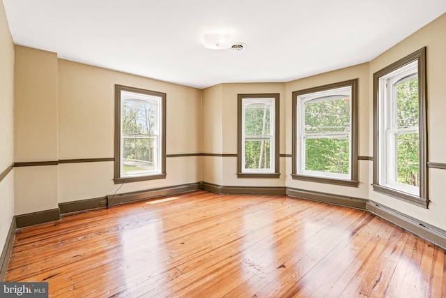 spare room with light wood finished floors, a wealth of natural light, and baseboards
