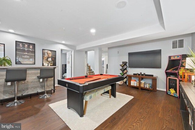 game room with pool table, wood finished floors, recessed lighting, and baseboards
