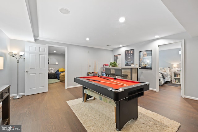 rec room with billiards table, wood finished floors, baseboards, and recessed lighting