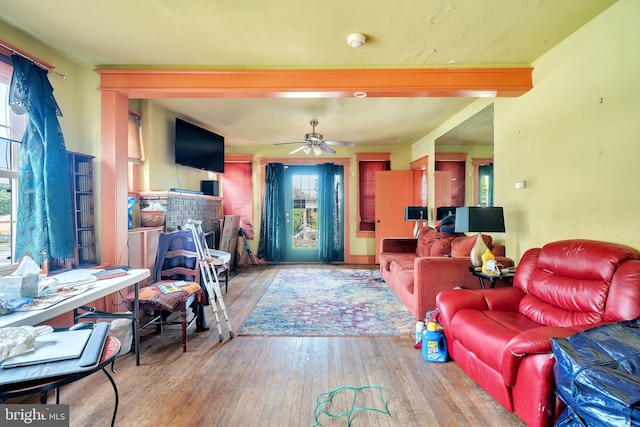living room featuring ceiling fan and wood-type flooring