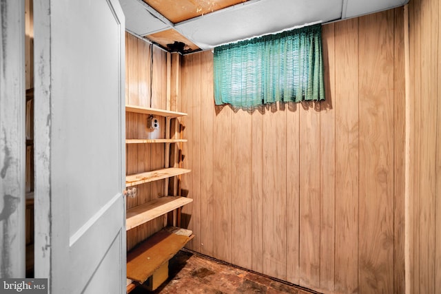 finished below grade area with wooden walls and a sauna