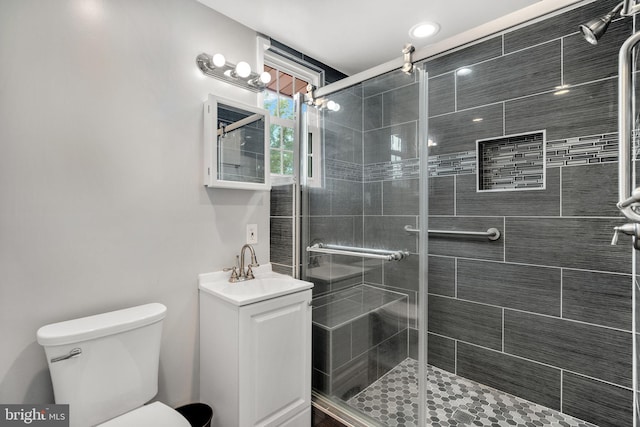 full bath featuring vanity, a shower stall, and toilet
