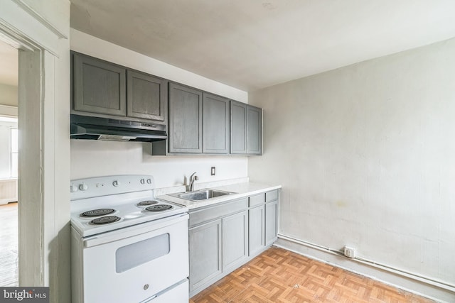 3905 L St, Philadelphia, PA 19124 - kitchen featuring gray cabinets, light countertops, white electric stove, under cabinet range hood, and a sink