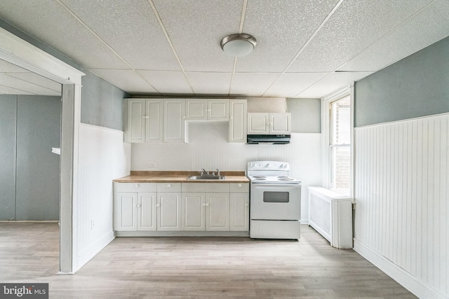 3905 L St, Philadelphia, PA 19124 - kitchen with white range with electric stovetop, a sink, a paneled ceiling, under cabinet range hood, and light wood finished floors