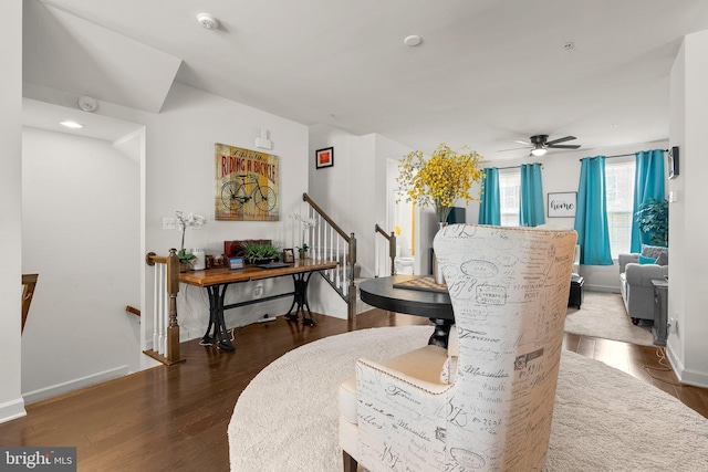 7204 Wood Trail Dr, Lanham, MD 20706 - interior space featuring baseboards, a ceiling fan, stairs, and dark wood-style floors