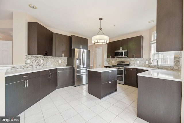 kitchen with dark brown cabinets, a sink, decorative backsplash, light countertops, and appliances with stainless steel finishes