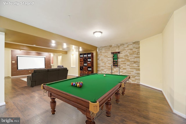 game room featuring baseboards, wood finished floors, and pool table