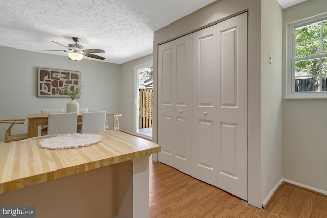 dining space featuring baseboards, a ceiling fan, light wood finished floors, and a wealth of natural light
