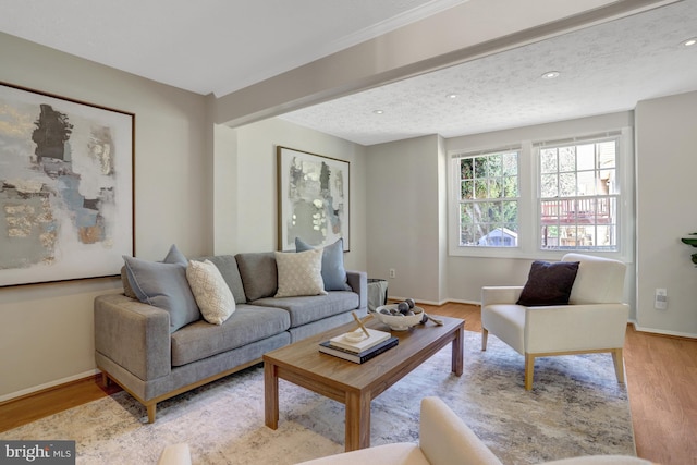 living area with baseboards, recessed lighting, and wood finished floors