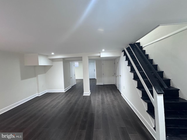 110 N Mount Olivet Ln, Baltimore, MD 21229 - finished below grade area with recessed lighting, baseboards, stairs, and dark wood finished floors