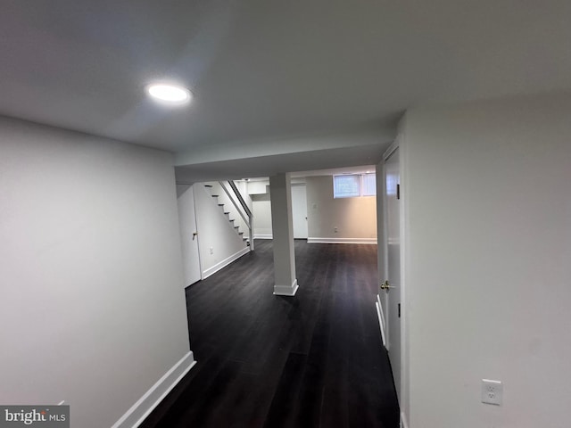 110 N Mount Olivet Ln, Baltimore, MD 21229 - below grade area featuring baseboards, stairway, recessed lighting, and dark wood-style floors