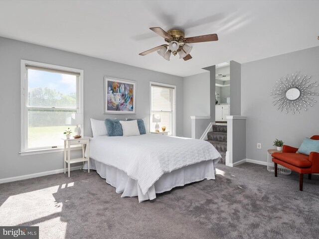 1161 Bacon Ridge Rd, Crownsville, MD 21032 - carpeted bedroom featuring multiple windows, baseboards, and ceiling fan