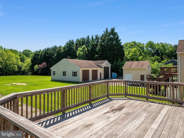 1161 Bacon Ridge Rd, Crownsville, MD 21032 - wooden deck featuring an outdoor structure, a garage, a lawn, and stairway